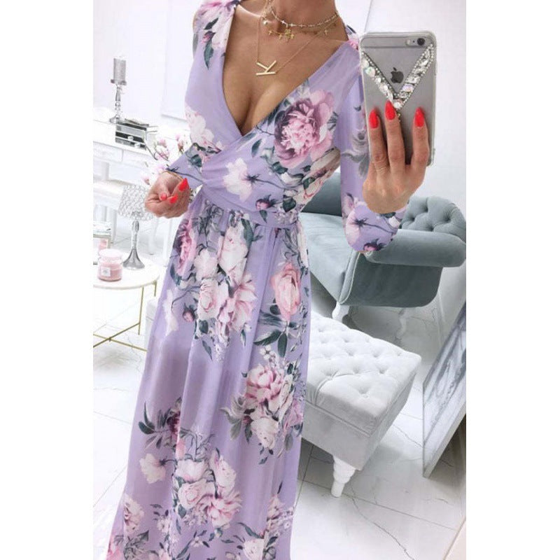 Summer Long-sleeve V-neck Chiffon Printed Bohemian Dress Women