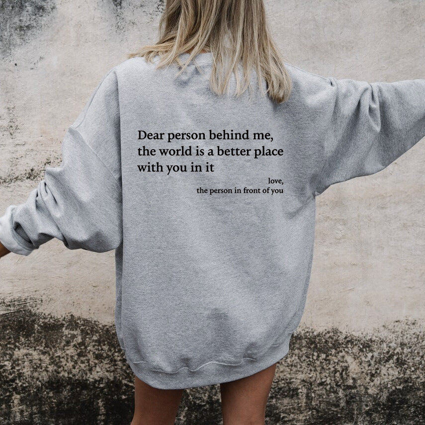 Women's Fleece-lined Crew Neck Sweater Plain Slogan Printing Simple And Comfortable Solid Color