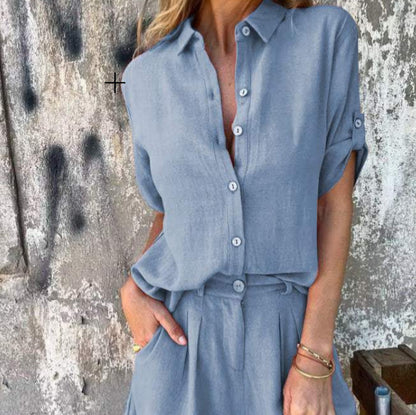 Spring And Summer New Cotton And Linen Short-sleeved Shorts Casual Suit Women