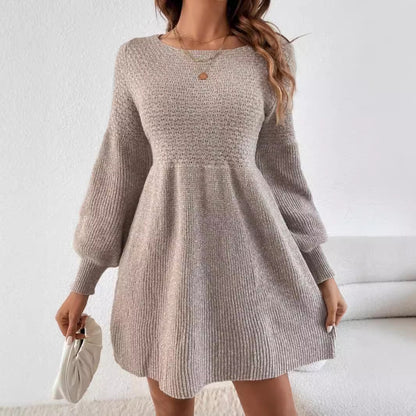 Casual Loose Lantern Sleeve High Waist A- Style Hemline Round Neck Knitted Dress Sweater