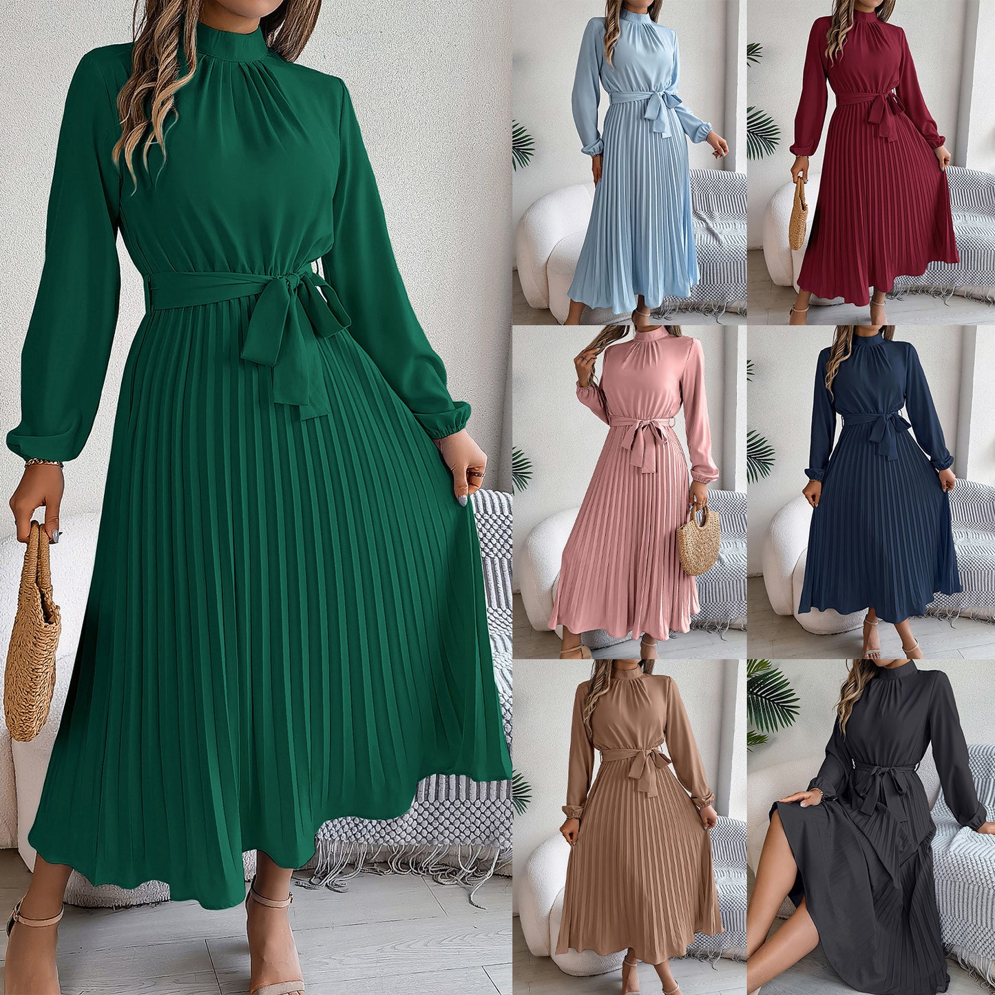 Elegant Stand Collar Long Sleeve Cinched Pleated Dress