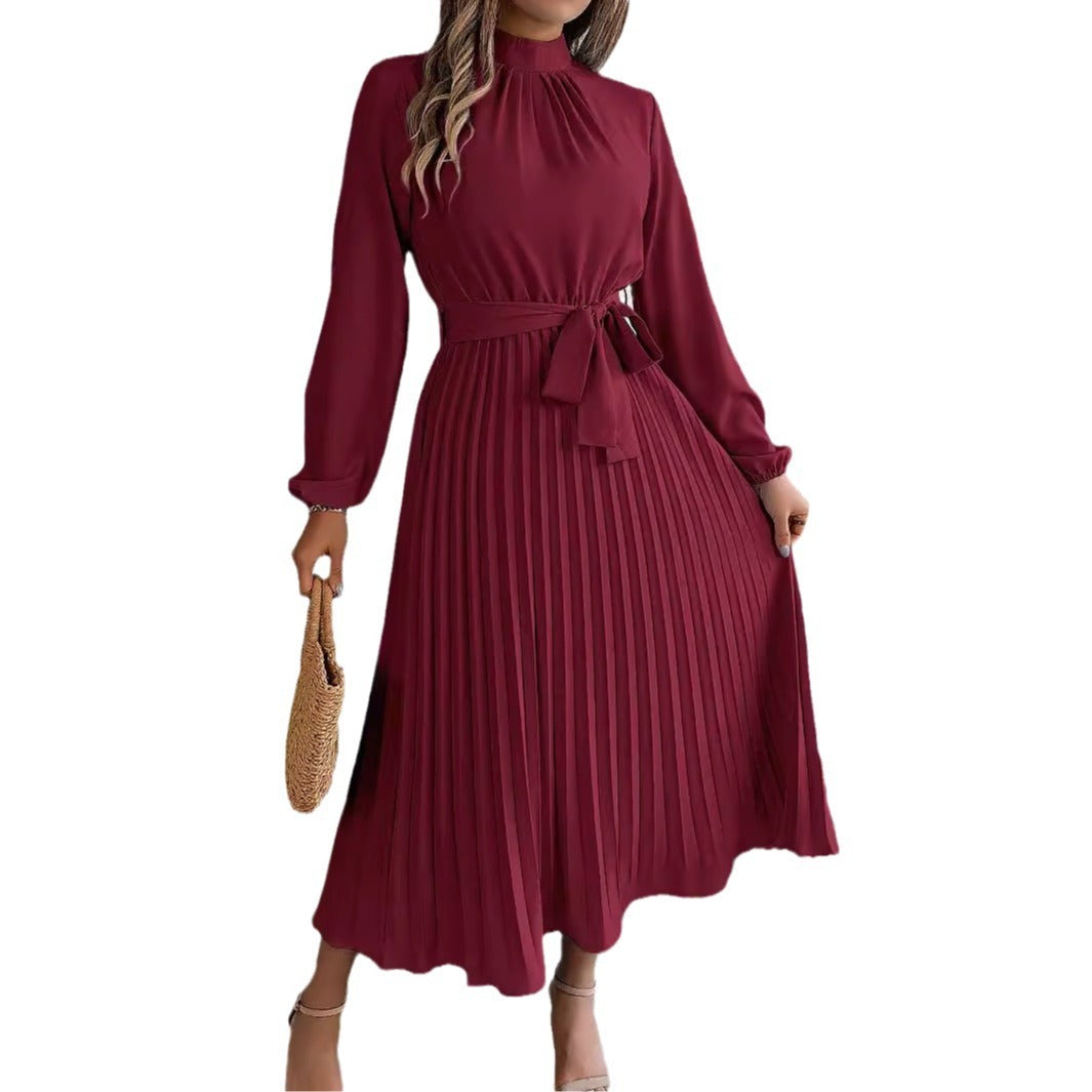 Elegant Stand Collar Long Sleeve Cinched Pleated Dress