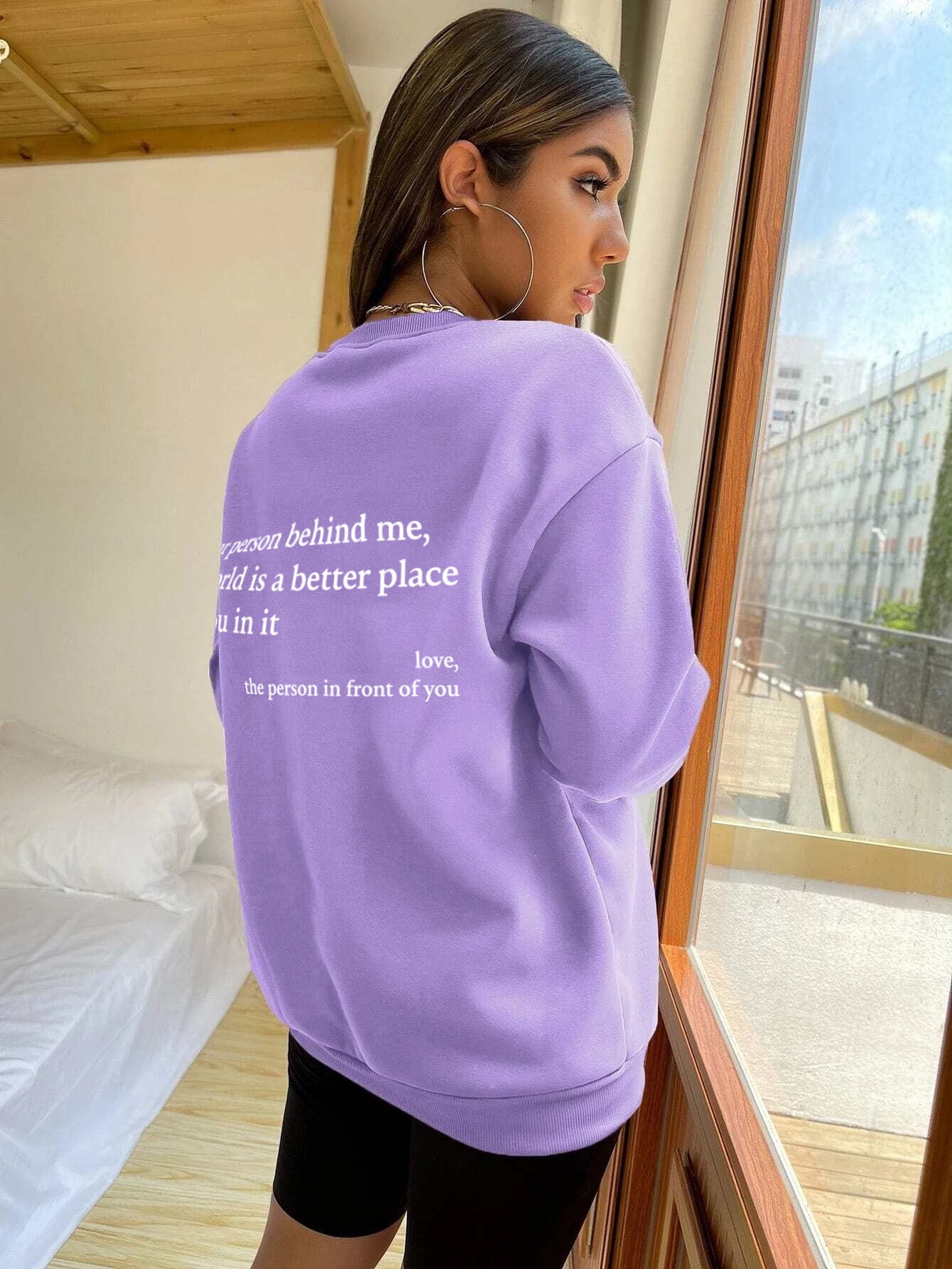 Women's Fleece-lined Crew Neck Sweater Plain Slogan Printing Simple And Comfortable Solid Color