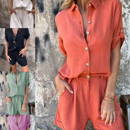 Spring And Summer New Cotton And Linen Short-sleeved Shorts Casual Suit Women