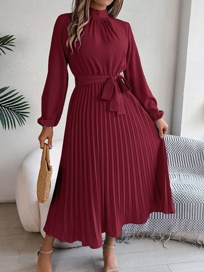 Elegant Stand Collar Long Sleeve Cinched Pleated Dress